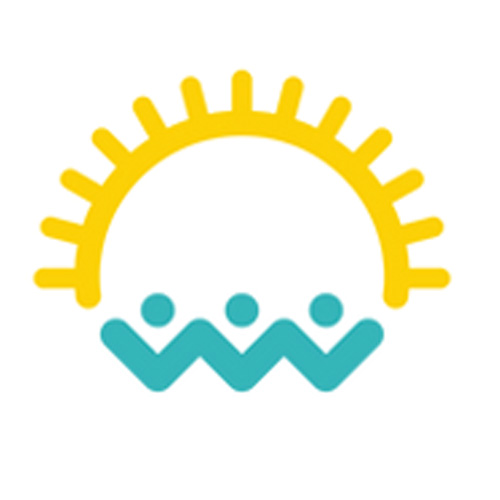 A simplistic logo featuring stylized figures beneath a rising sun, with a yellow sunburst and teal wavy lines.