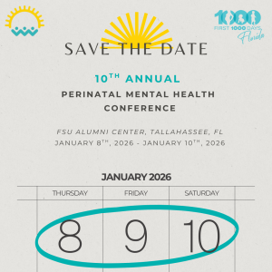 A calendar page highlighting dates for the 10th Annual Perinatal Mental Health Conference in January 2026 at FSU Alumni Center, Tallahassee.