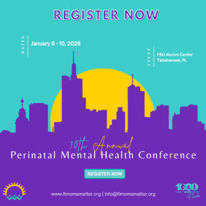 A colorful graphic announcing the 10th Annual Perinatal Mental Health Conference, with event details and a skyline silhouette.