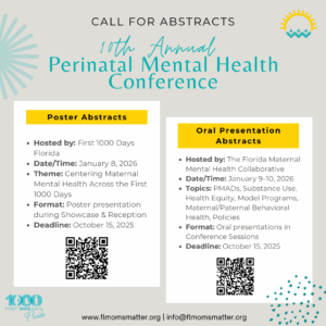 Promotional flyer for the 10th Annual Perinatal Mental Health Conference, featuring details about abstract submissions and event dates.